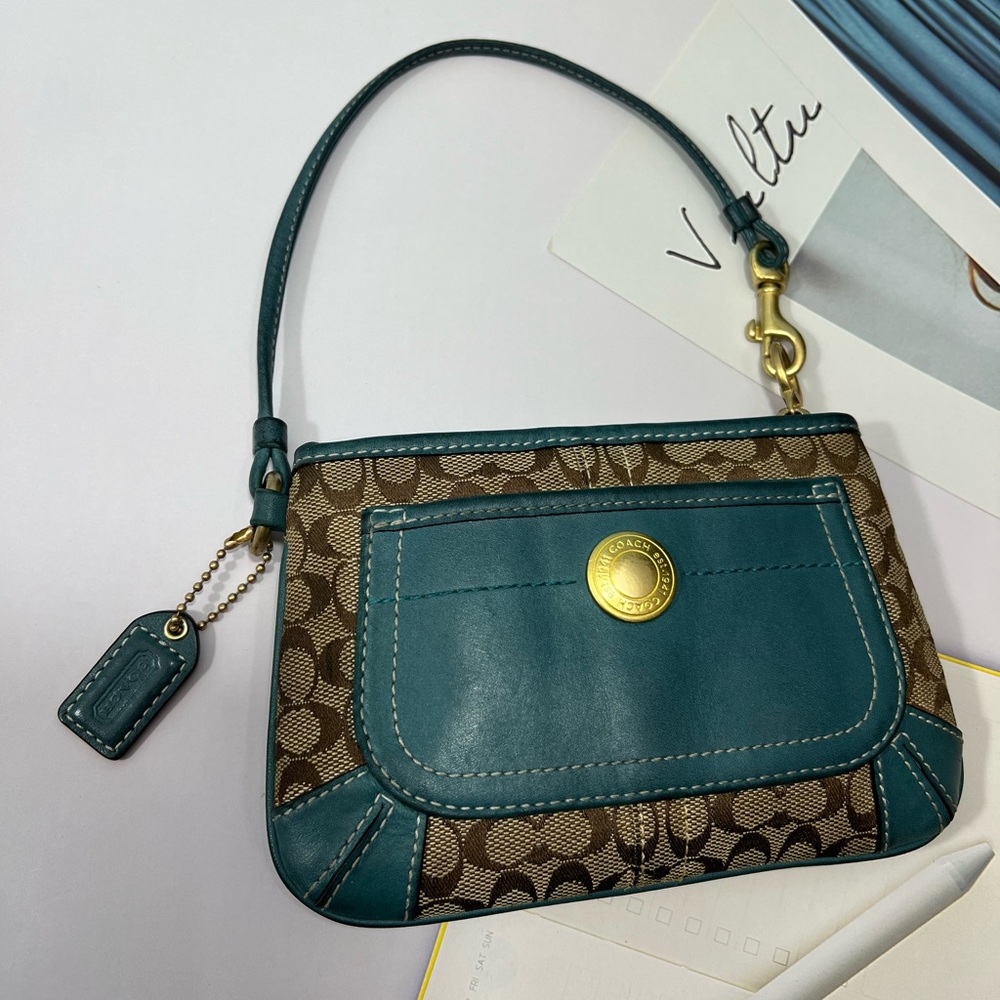 🌺 COACH SLIM BLUE POCKET LEATHER AND CANVAS SIGNATURE C WRISTLET BAG VINTAGE